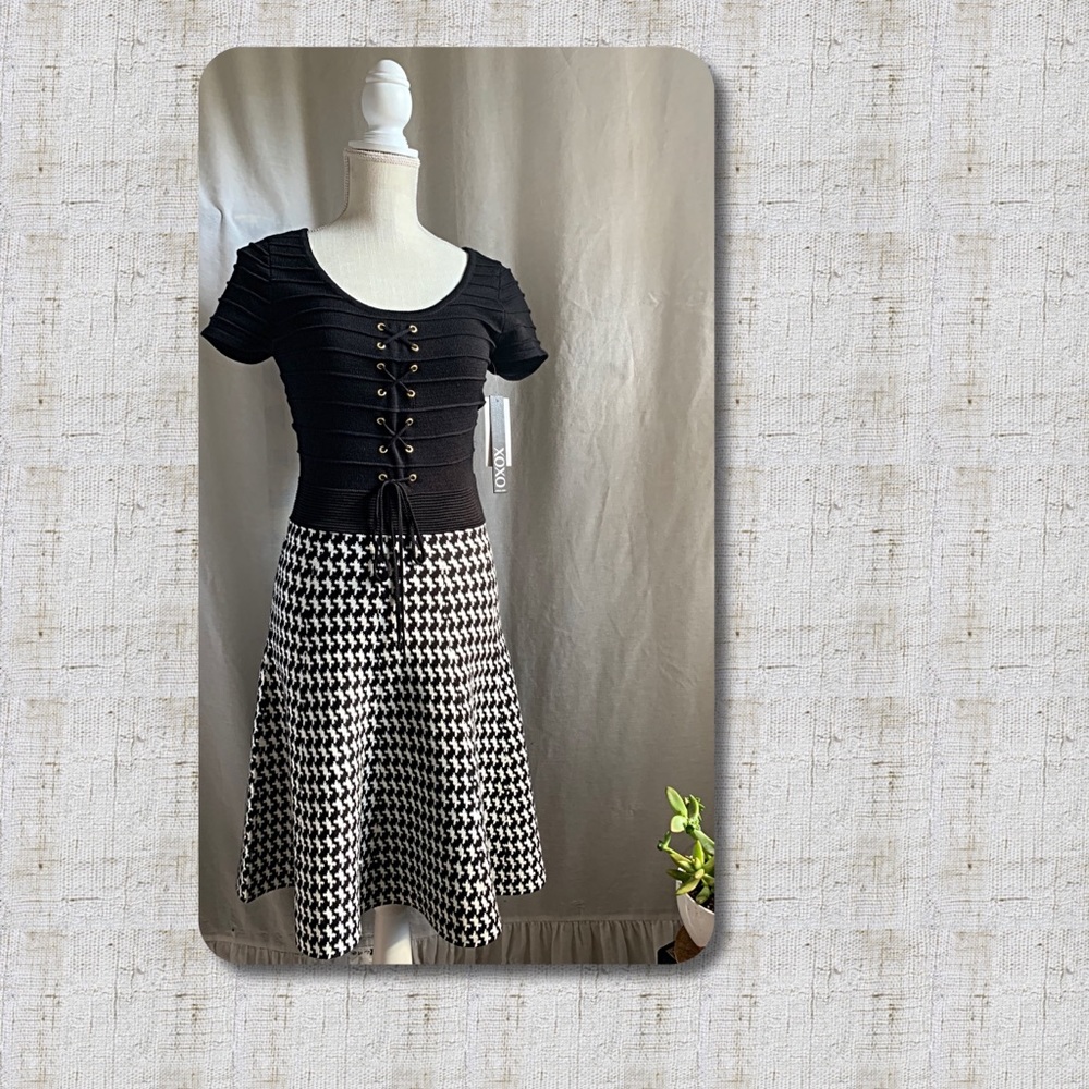 Black Fit and Flare Houndstooth Casual Dress